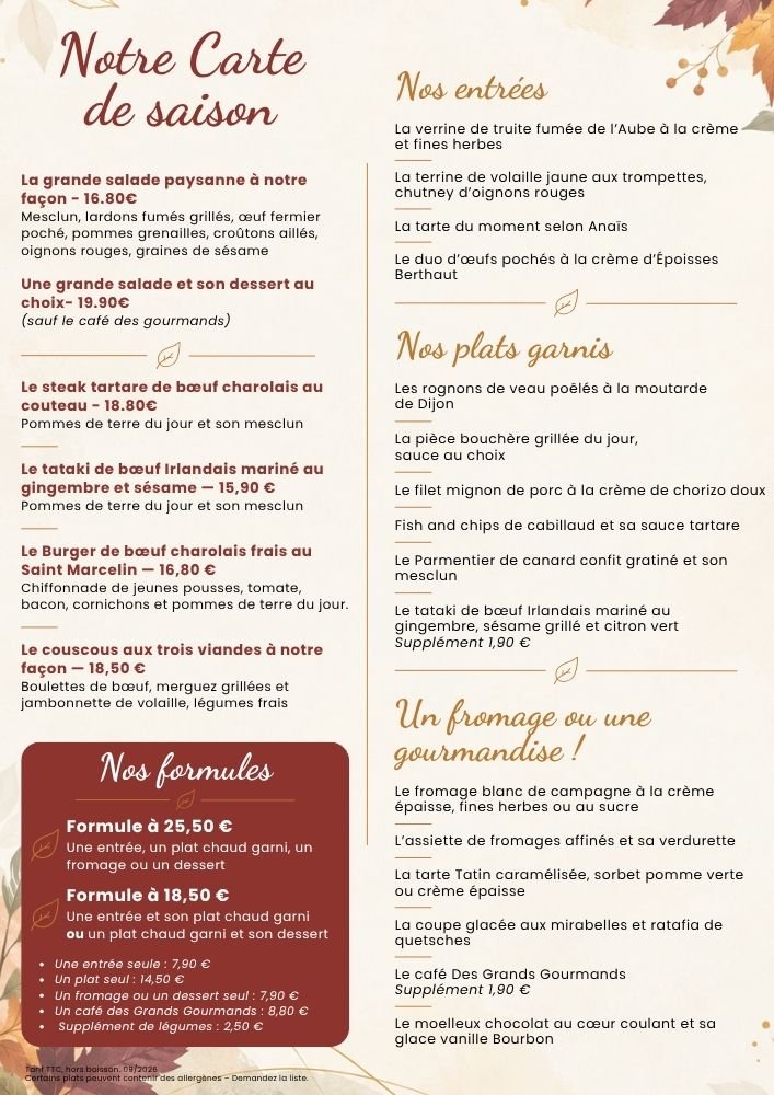 carte octobre 2026 Restaurant Le Clos Mutaut Chenove